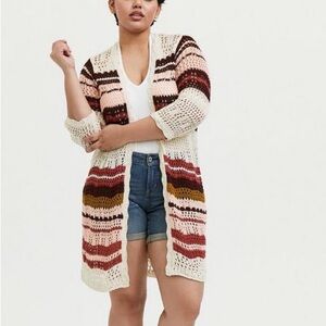 Torrid‎ Ivory Multi Stripe Crochet Open Front Cardigan Size 2 or 18/20